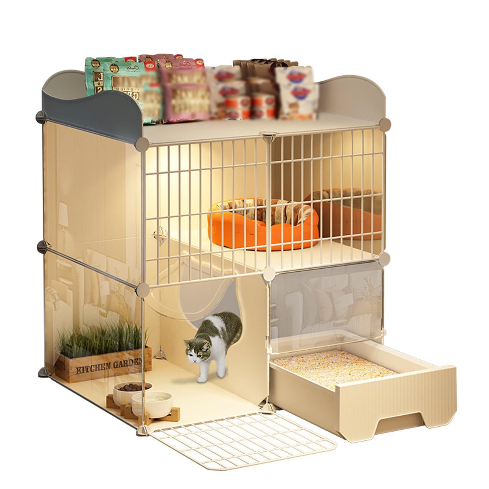 Cat Cage, Cat home, Premium Indoor Cat Cage with Litter Box, Easy Assembly HD Clear Fence And Sturdy Metal Grid, Keep Your Kitten Safe at Night