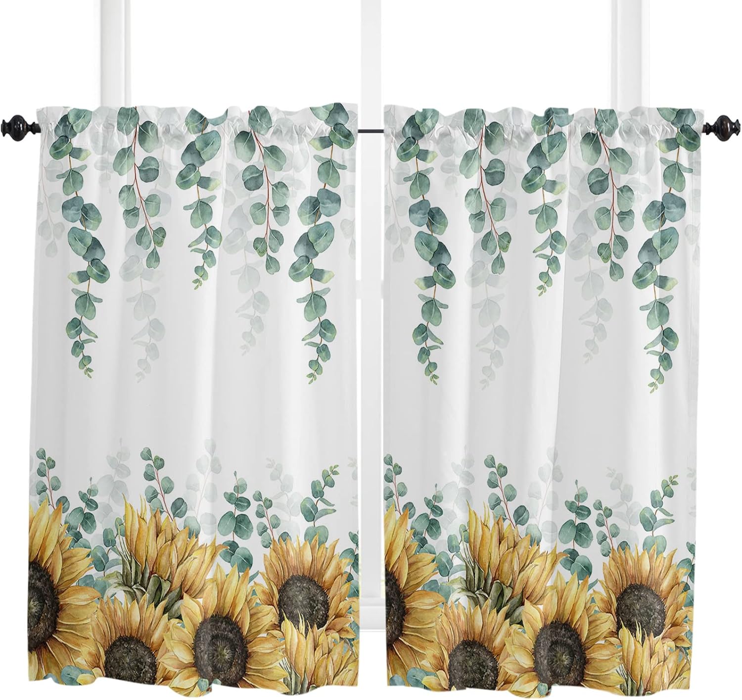 Sunflowers Eucalyptus Leaves Kitchen Curtains 45 Inches