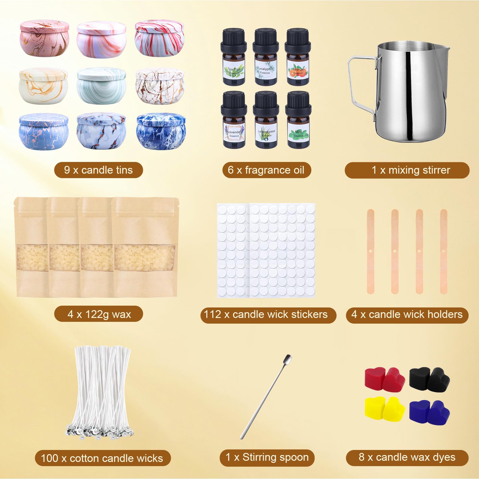 LDUMODUW Kit para hacer velas Starter DIY Candle Set Vela Perfumada Regalos con 480g cera soja,9 latas vela,8 bloques color,100 mechas vela y pegatinas mecha, 4 pegatinas