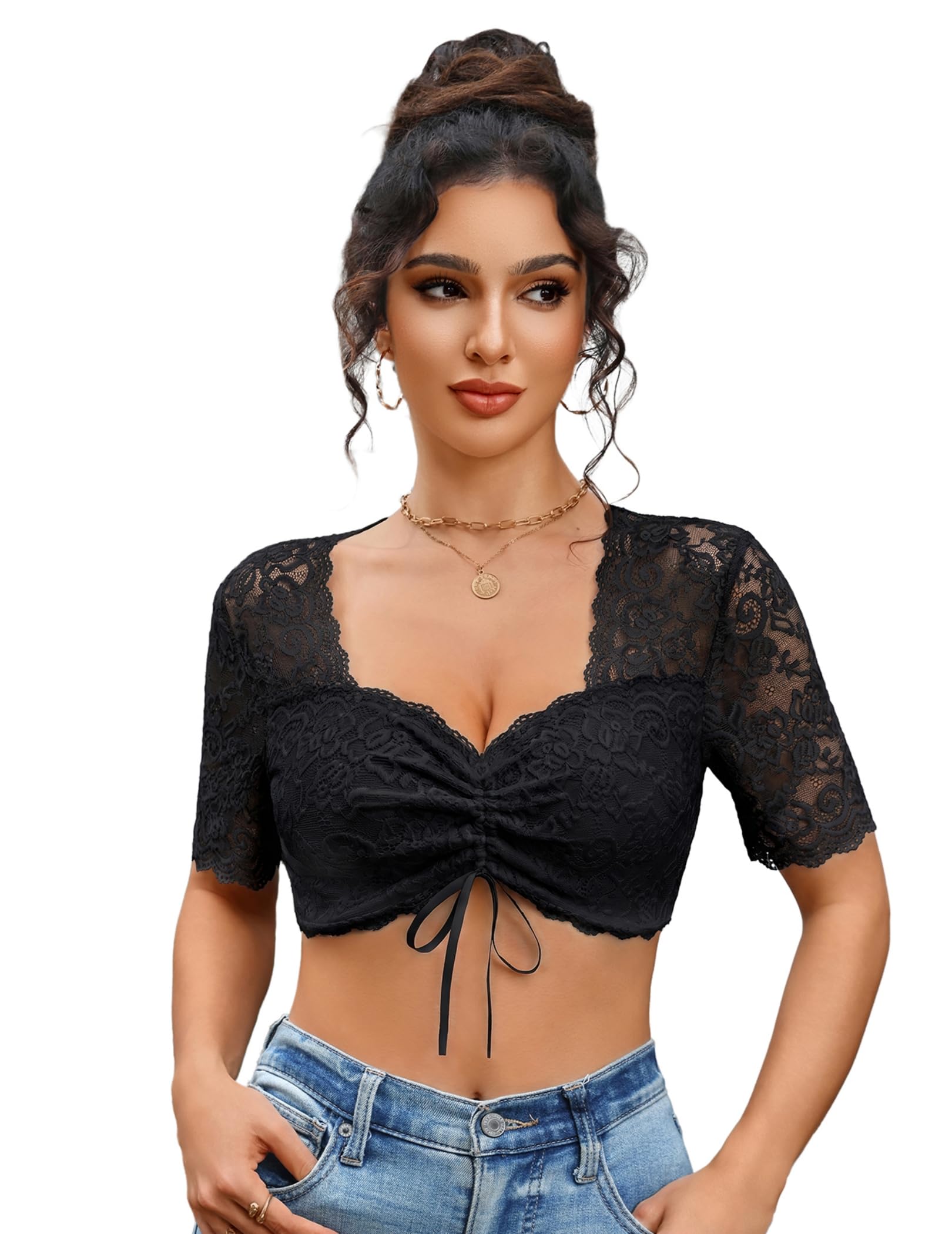 Zeagoo Dirndl Bluse Damen Spitze Dirndlblusen Kurzarm Trachtenbluse | Dirndlbluse Weiß | Dirndl Bluse Schwarz | V-Ausschnitt Trachtenblusen | Dirndl Blusen mit Kordelzug | Oktoberfest | XS-2XL