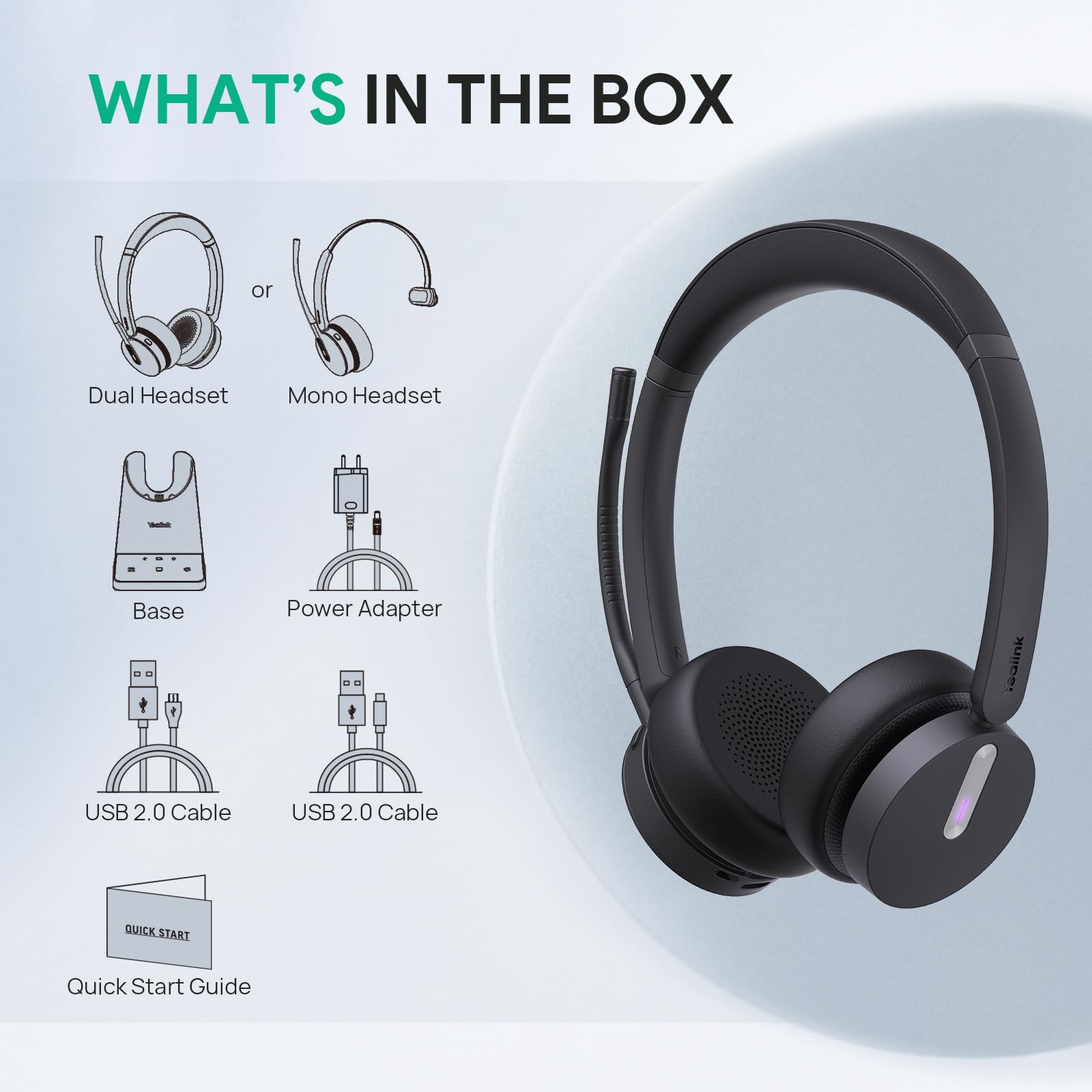 Yealink WH64 Wireless Headset mit Mikrofon,185 m Reichweite DECT & Bluetooth Mono Kabelloses Headset with 3 Mikrofonen für Teams Zoom,Skype,UC,IP-Telefon, PC,26H Sprechzeiten