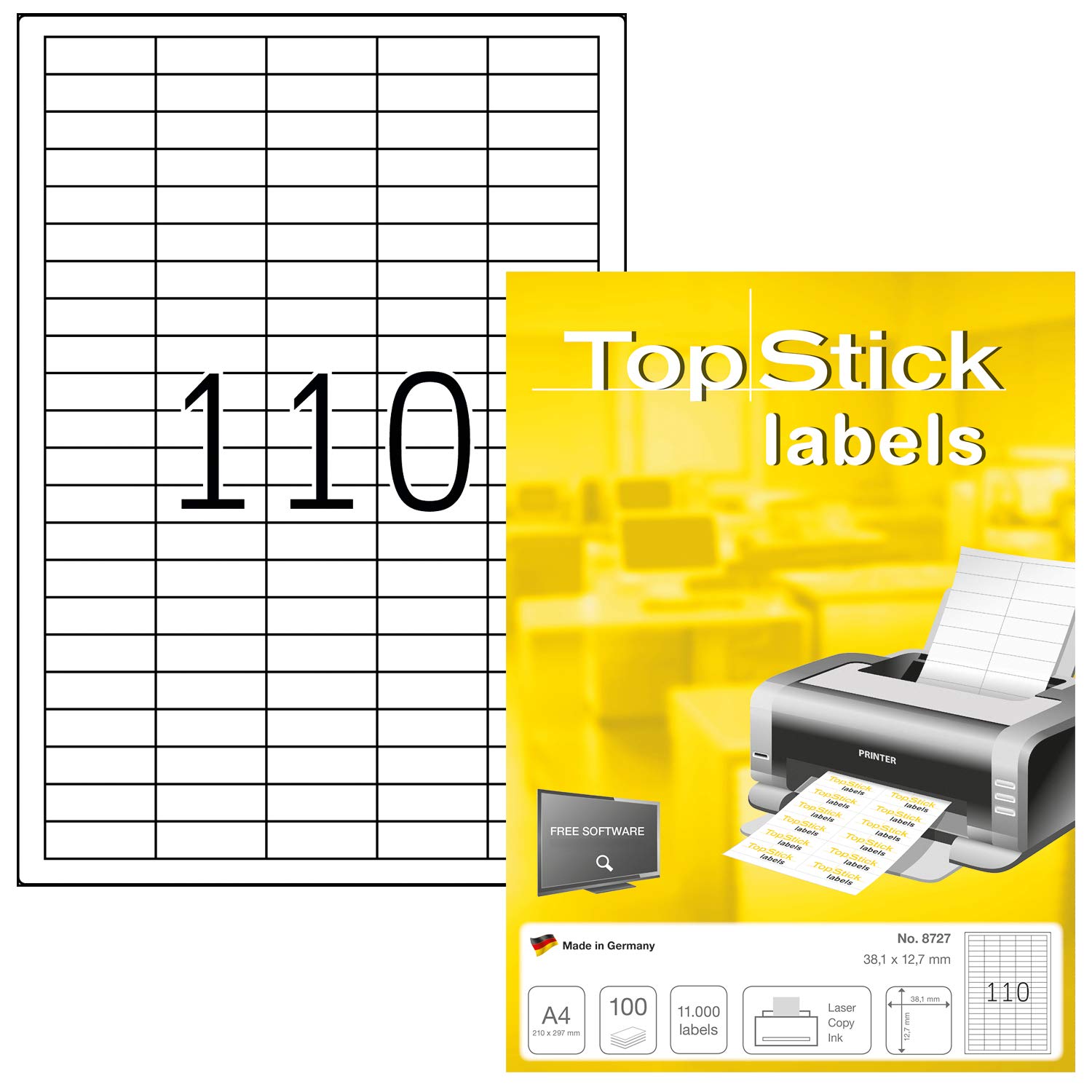 TopStick 8727 Multi-Purpose Labels, 110 Labels Per A4 Sheet, 38.1 x 12.7 mm, 11000 Labels, Self Adhesive, Mini Stickers for Laser and Inkjet Printers, White