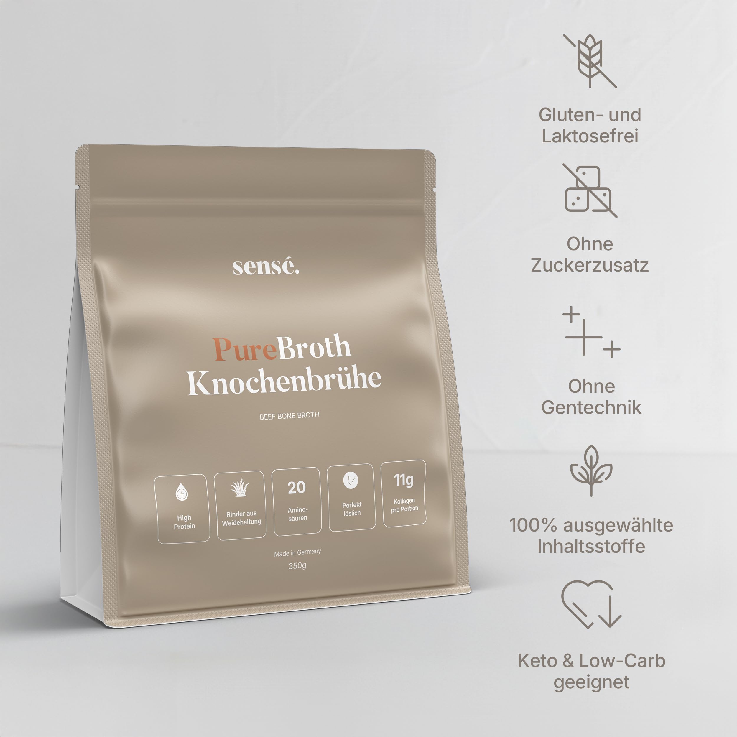 sensé. Knochenbrühe Pulver vom Weiderind, aus Deutschland, Bioaktiv, 350g – Kollagen Typ 1,2 & 3 | Für Gelenke, Darm und Haut | hoher Proteingehalt | Leaky Gut, Keto | Bone Broth