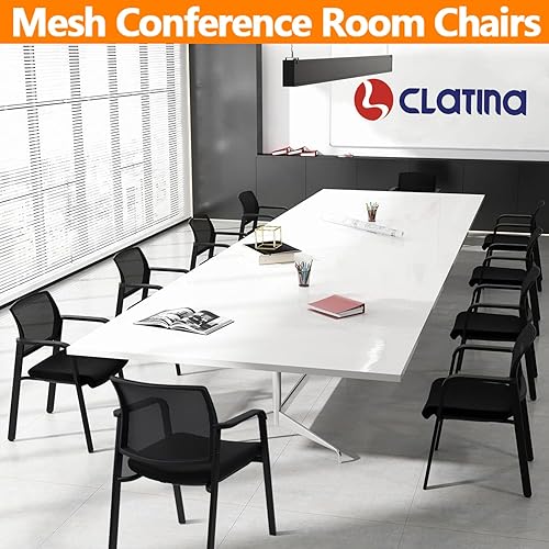 Miniatura 7 de CLATINA Silla de escritorio apilable sin ruedas, silla de sala de espera con respaldo de malla con brazo tapizado de tela y soporte lumbar