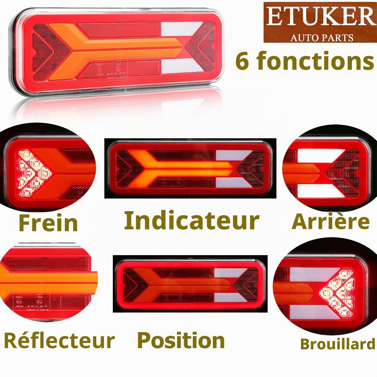 Led Ensemble Feux Arrière de Remorque 12V24V,2 PCS 6Fonctions Etanche Feu Eclairage Remorque Feu Arrière led avec Antibrouillard Recul Homologué E