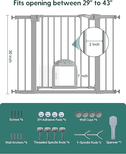 Miniatura 7 de Babelio Puerta para bebé con puerta ajustable para gatos, puerta duradera para mascotas de 29-43 pulgadas con cierre automático para escaleras,