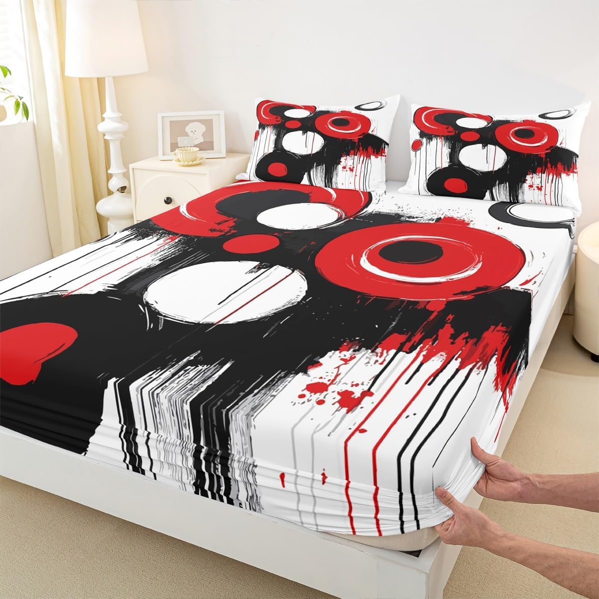Feelyou Boys Girls Black Red Fitted Sheet Queen Size, Geometric Circle Bed Sheet Set Kids Modern Art Bedding Set Teens Bedroom Decor Bed Set 3Pcs (No TOP Sheet)