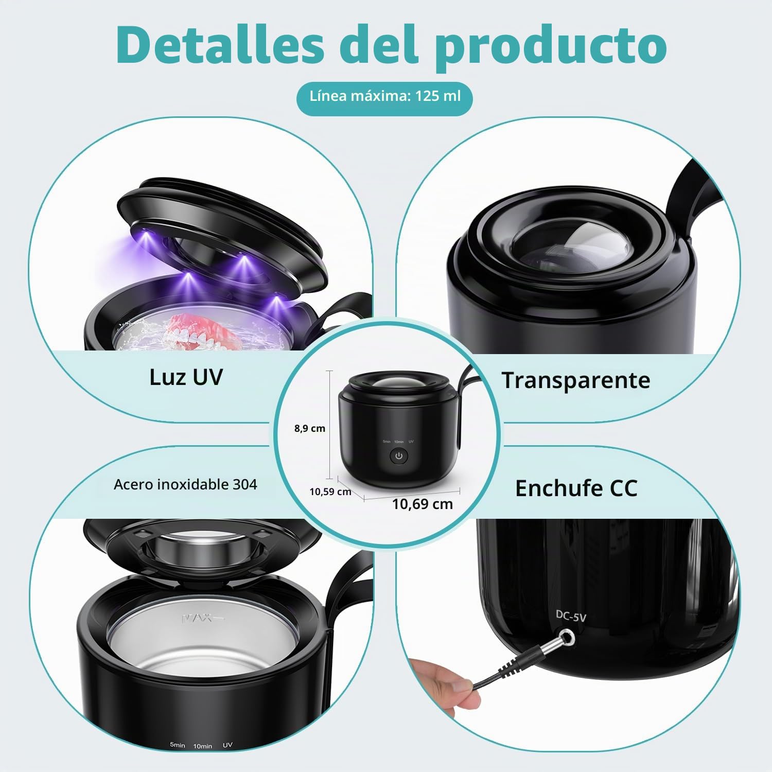 Limpiador Ultrasónico Inalámbrico para Prótesis Dentales, 48 kHz, 125 ml, 3 Modos, Luz UV, Batería 2000 mAh
