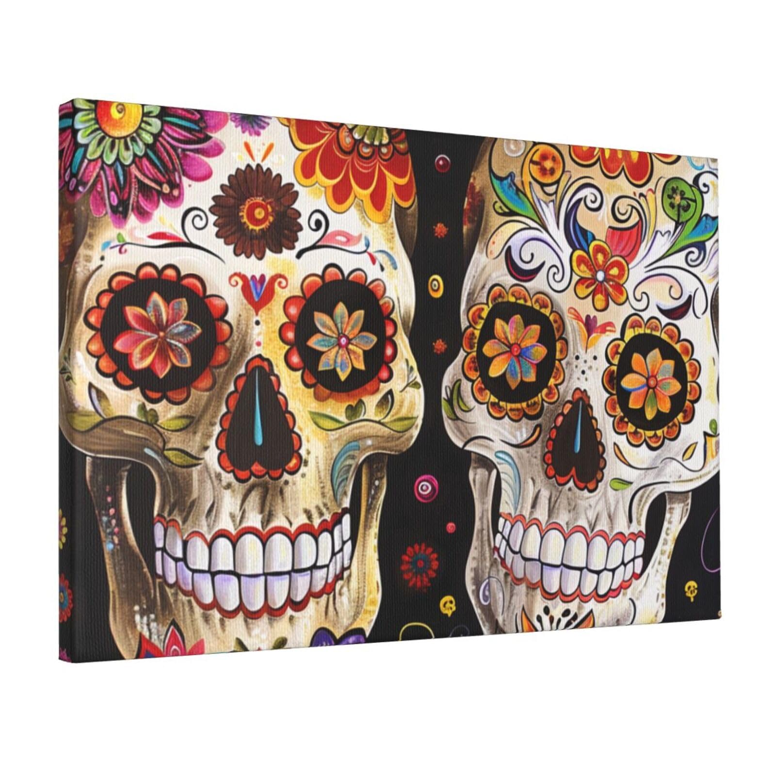 YKLJG Sugar Skulls Printed Wall Art Canvas Prints 45x30 CM Wooden Framed Picture Painting Artwork for Bedroom Kitchen Home Office Decor