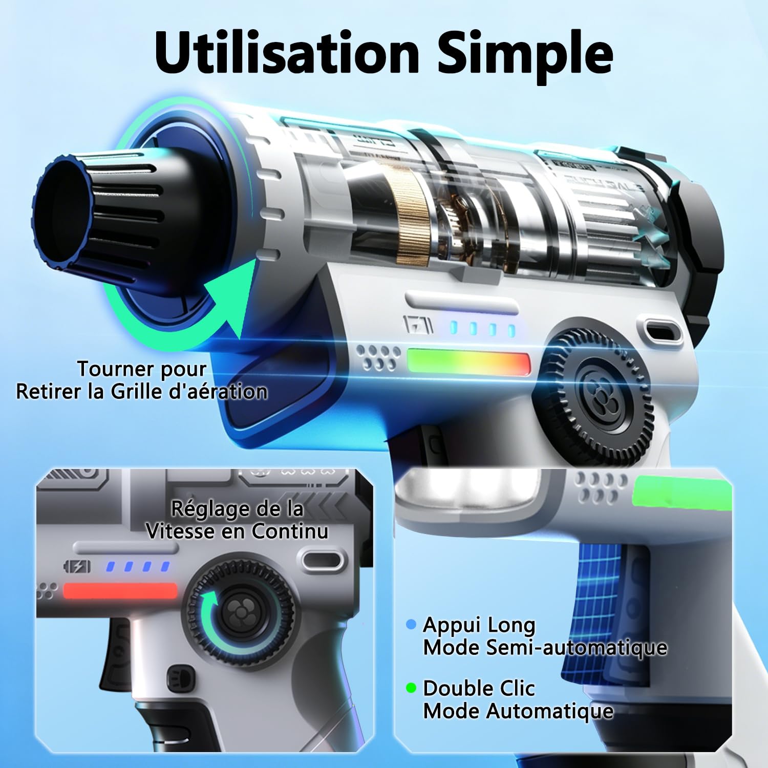 yAyusi Aspirateur à Poussière Electrique Rechargeable,Aspirateur à Poussière Electrique Haute Puissance de 130000 tr/min avec LED,Contrôle de Vitesse Progressif,Convient aux à l’extérieur,aux Maisons