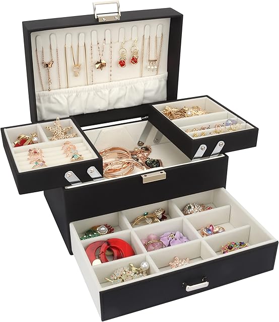 Jewellery Box Organiser, 3 Layer PU Leather Jewellery Case, Large Jewellery Organiser with Drawer, Jewellery Storage Case for Necklaces Earrings Bracelets and Rings, Black