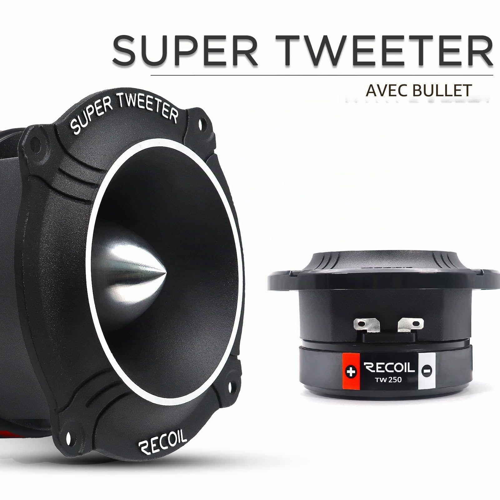 RECOIL TW250 - Super Tweeter de Voiture à Haute Compression 3.5" (96mm) - Bobine Mobile en Kapton de 1 Pouce, Cadre et Diaphragme en Aluminium - 400W Max / 200W RMS, 4 Ohms