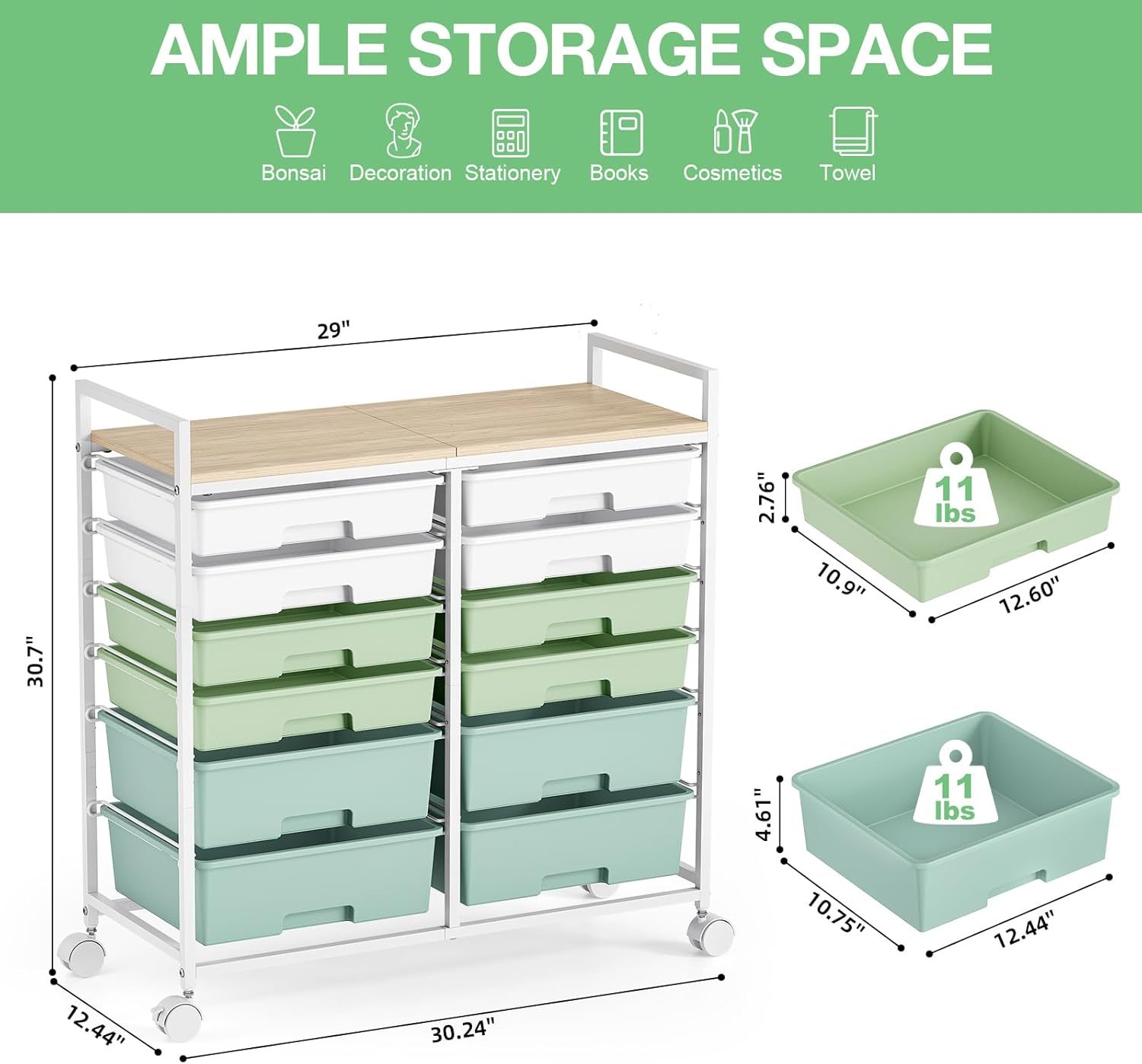 Rolling Storage Cart with 12 Drawers, Wooden Tabletop Utility Cart for Craft Storage, Art Supply Storage & Home Office Organization, Teacher Cart with Wheels for Classroom Organization, School (Green)