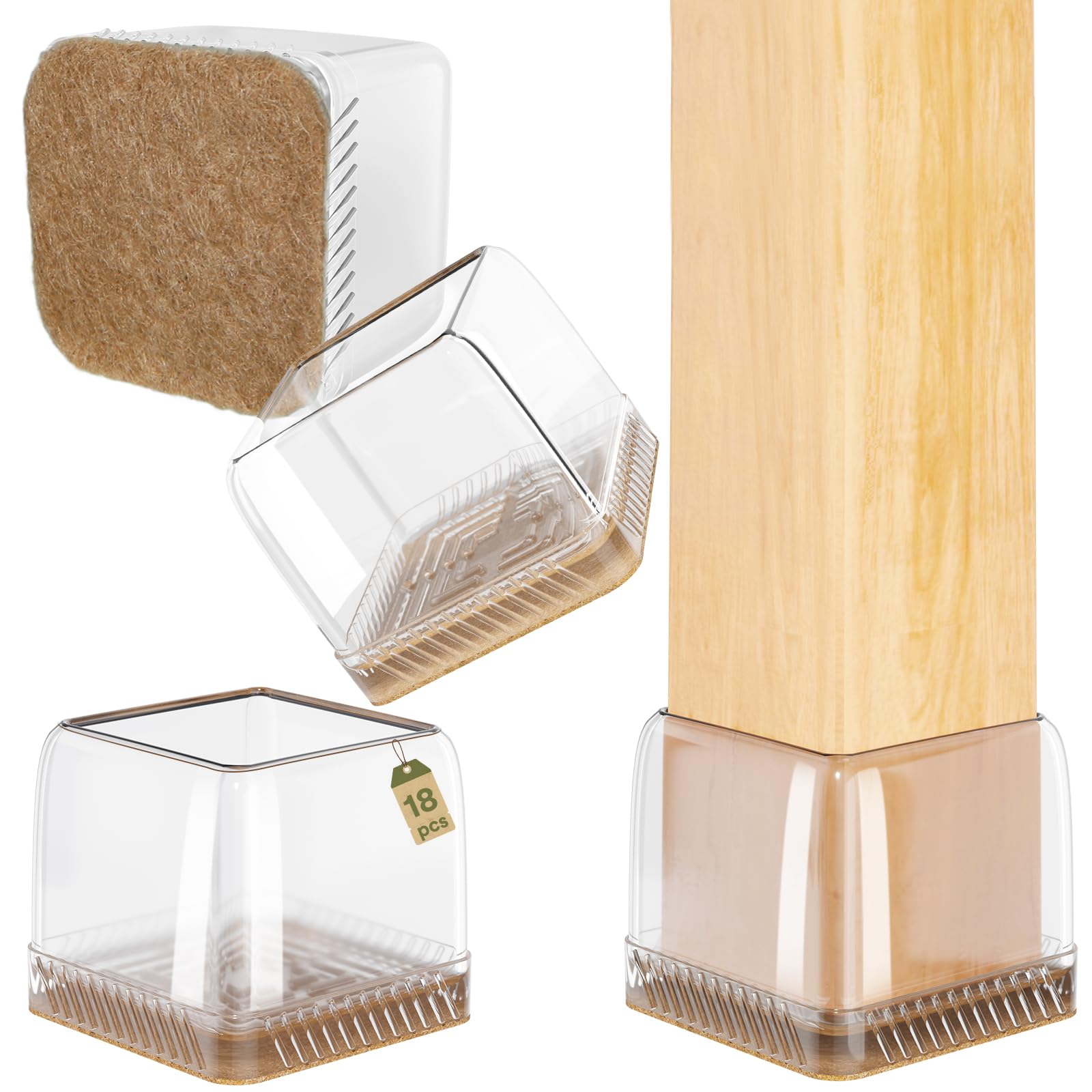 Euqvunn 18pcs Square Chair Leg Protectors, Floor Protectors for Chair Legs, Transparent Chair Legs, Silicone Caps for Chair Legs with Felt, Chair Leg Caps 35-40mm