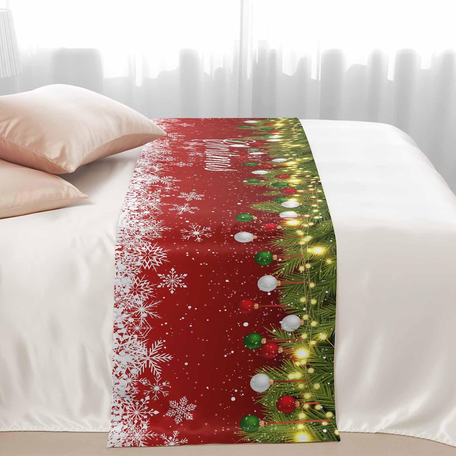 Christmas Red Bed Runner Scarf Bedding Accessory For Cal King Size Bed,Soft Bed Scarves And Runners Stainproof Dustproof Bedroom Protector For Hotel,Winter Pine Tree Leaves Snowflake 102"x20"