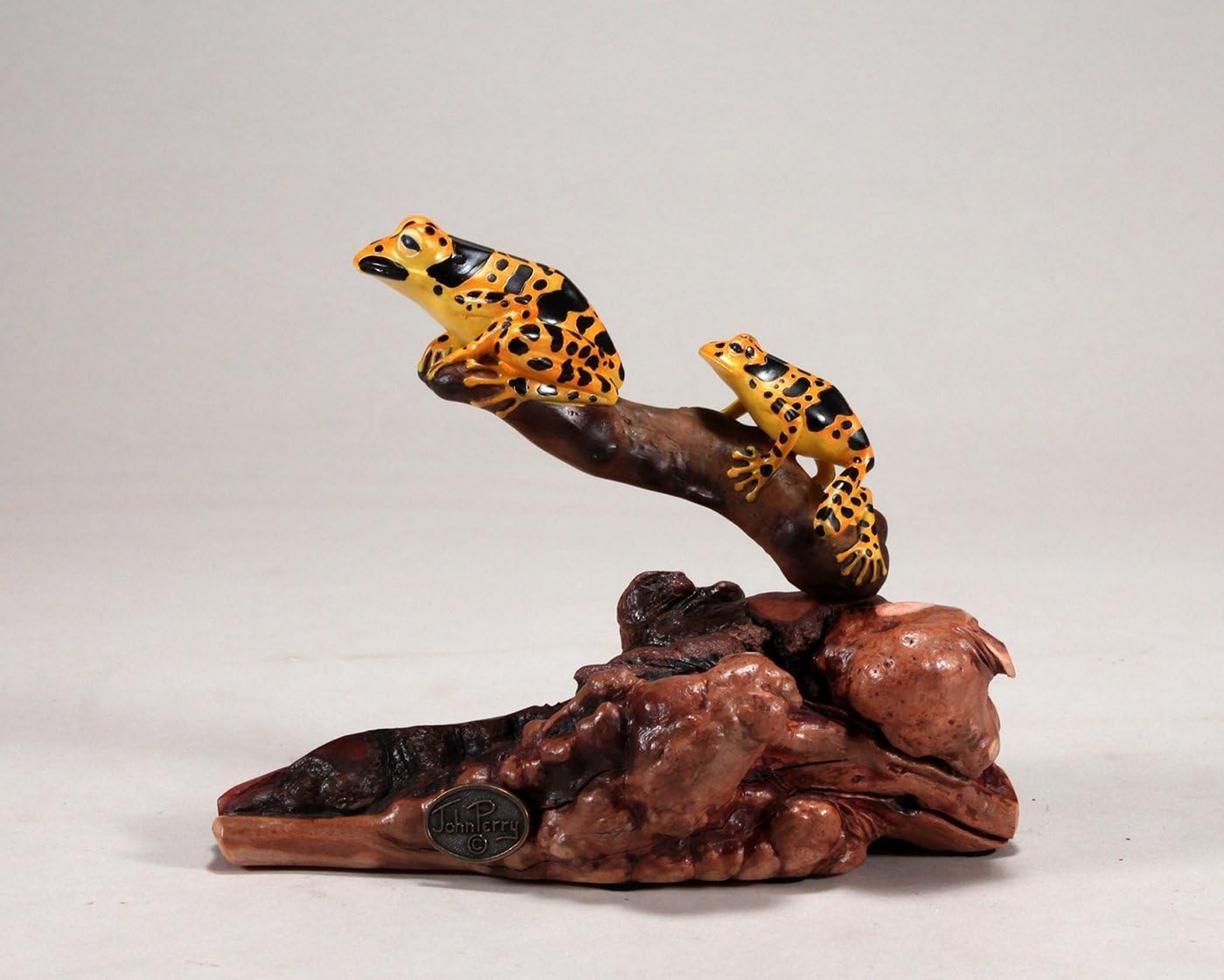 Yellow and Black Tree Frog Duo Sculpture by John Perry on Polished burlwood Base. Signed.