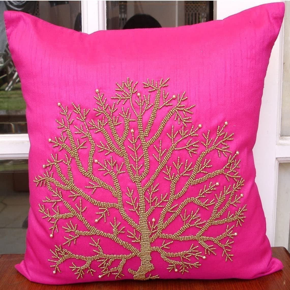 The HomeCentric Rosa Fucsia 40x40 cm Art Silk Fodere per cuscini Toss con cerniera, Albero, In Rilievo Rosa Seta Fodera per cuscino con cerniera, Moderno Natura e Fiori - Fuchsia Tree Of