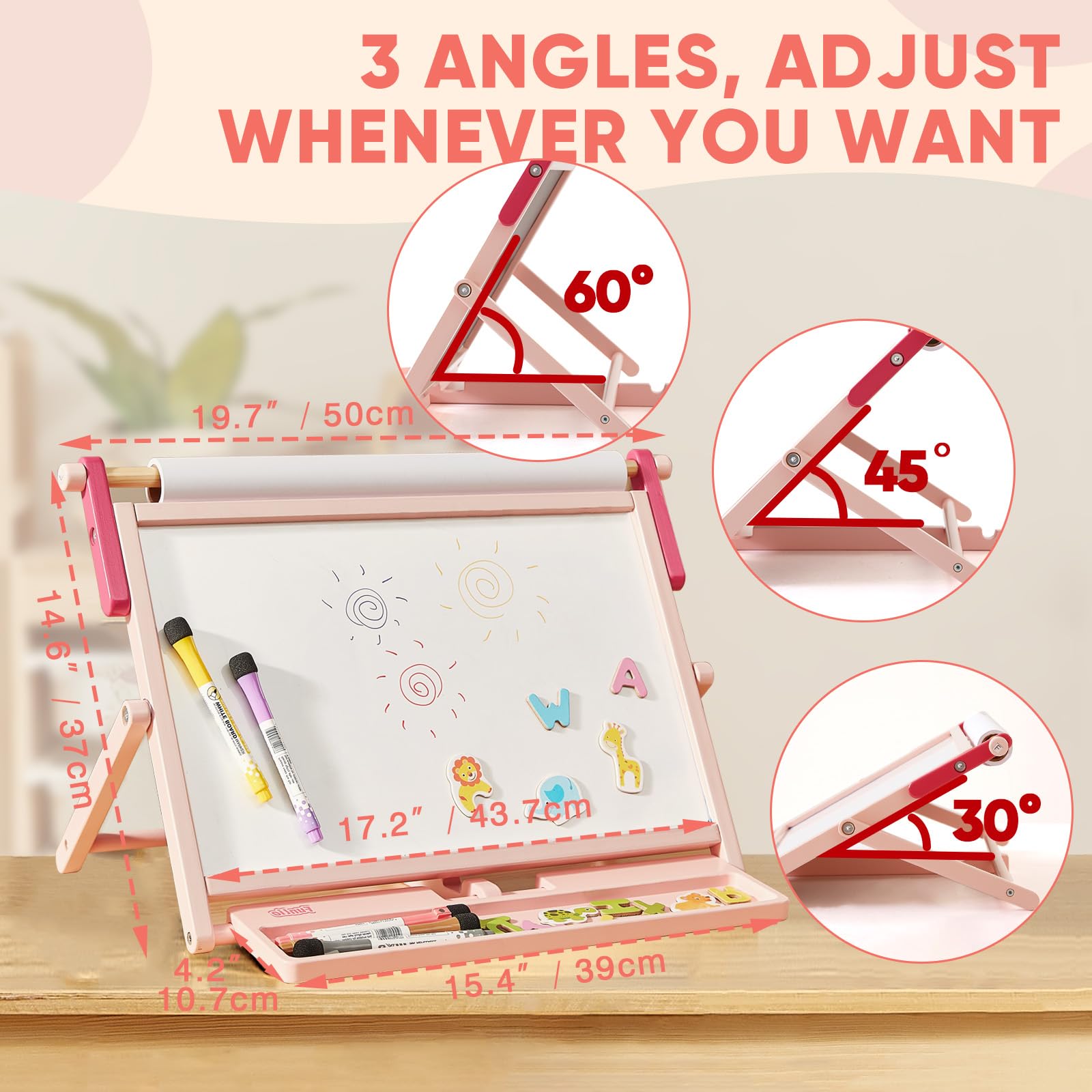 FUNLIO 3-in-1 Holz-Tischstaffelei für Kinder ab 3 Jahren (100+ Zubehör), Doppelseitige Magnet-Kindertafel, 3 Verstellbare Winkel, Mit Tafel, Whiteboard & Papierrolle, Faltbar - Rosa