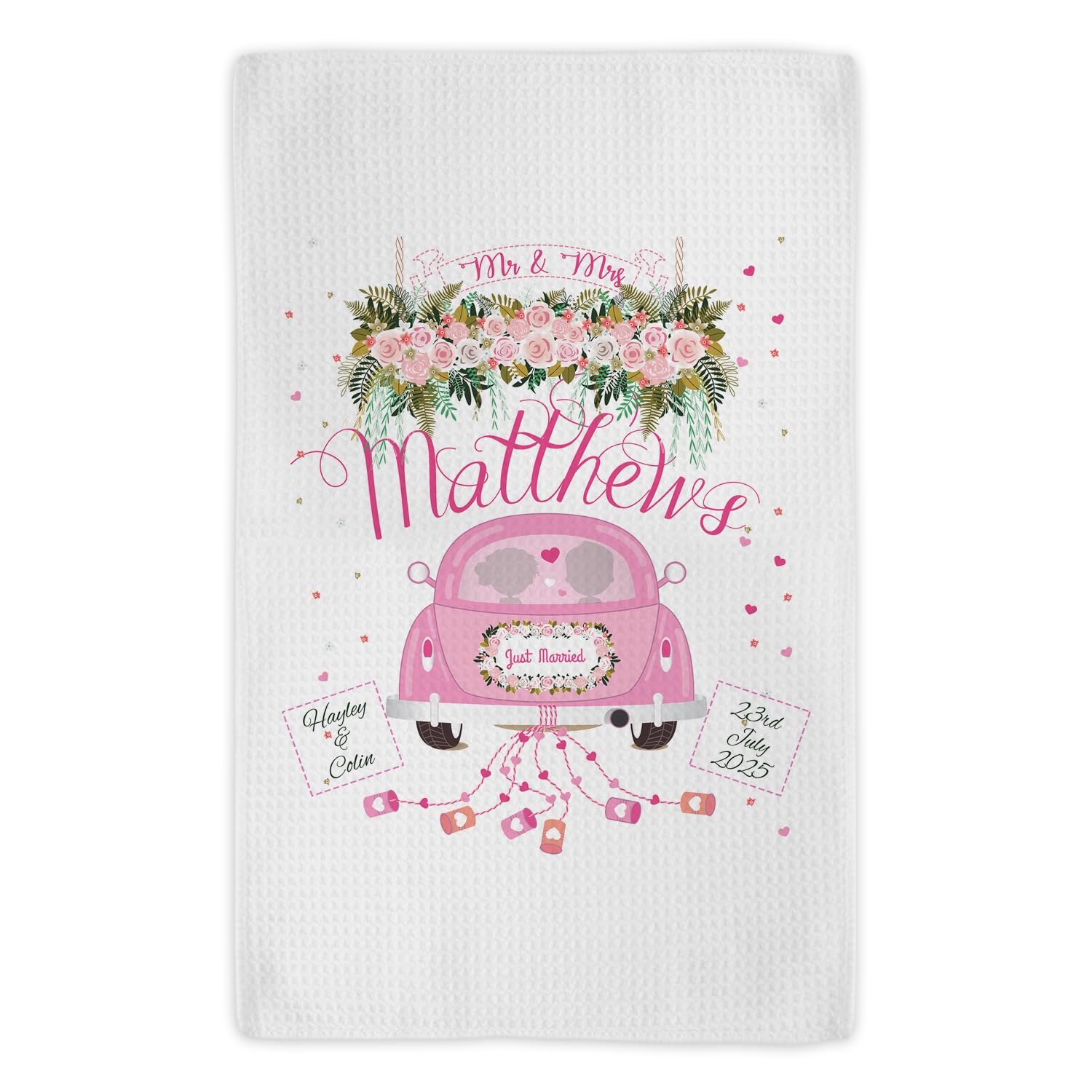 KRAFTYGIFTS Personalised Wedding Tea Towel Just Married Kitchen Cloth Cotton Hand Towel Mr & Mrs Couple Custom Wedding Day Special Keepsake Gift KC69