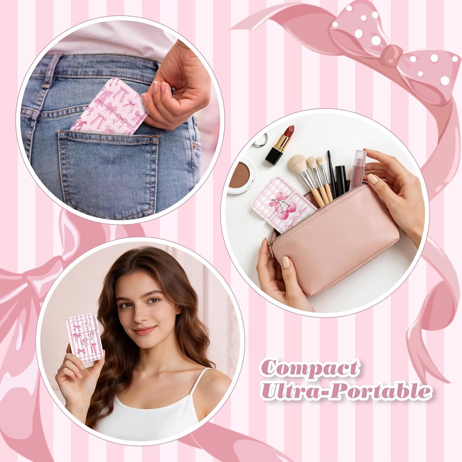 16 pcs Pink Bow Compact Mirror Bulk Pocket Mirror Tabletop Mini Mirrors for Purse Sleepover Pink Bow Birthday Party Goodie Bag Stuffers Favors Bachelorette Bridal Women Makeup Travel