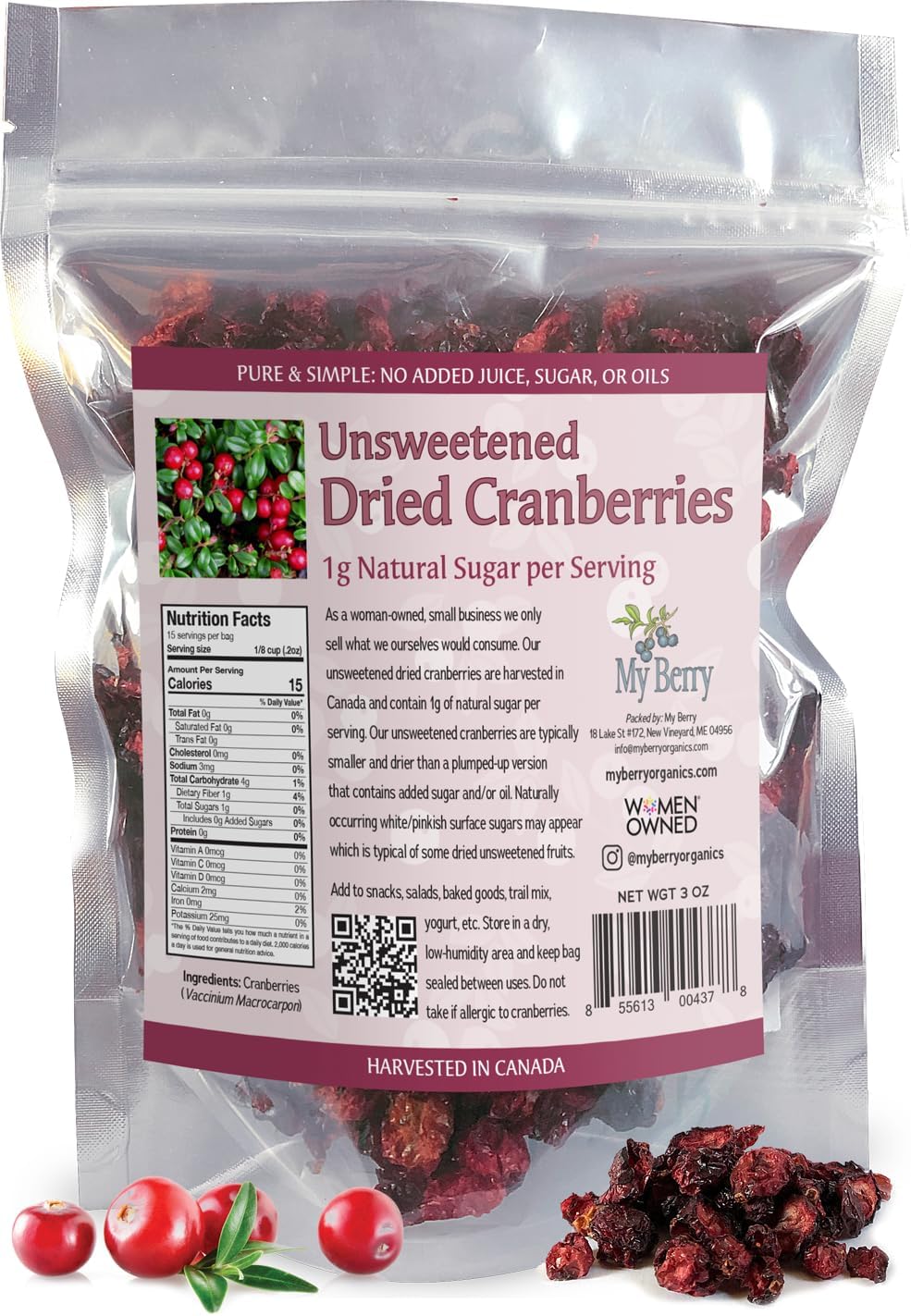 Unsweetened Dried Cranberries by My Berry | 3oz | Naturally Tart: 1g Natural Sugar Per Serving | Non-GMO | No Added Sugar, Juice or Oils | More Berries Per Ounce Than Sweetened Berries | Canadian