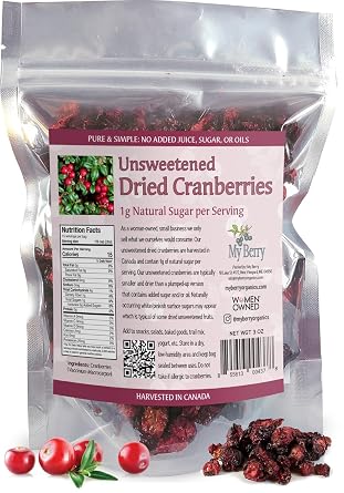 Unsweetened Dried Cranberries by My Berry | 3oz | Naturally Tart: 1g Natural Sugar Per Serving | Non-GMO | No Added Sugar, Juice or Oils | More Berries Per Ounce Than Sweetened Berries | Canadian Grown | Woman-Owned Small Company