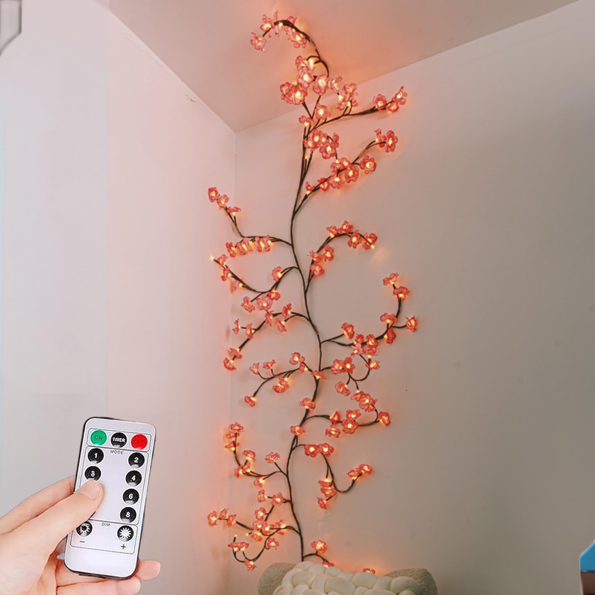 GIVOKE 8 Modes LED Tree Branch Cherry Blossom Tree Light with Remote Control, DIY Willow Vine Lights USB Flexible Flower String Fairy Lights Bedroom Christmas Wall Decorations (48 Lights - 1.6m)