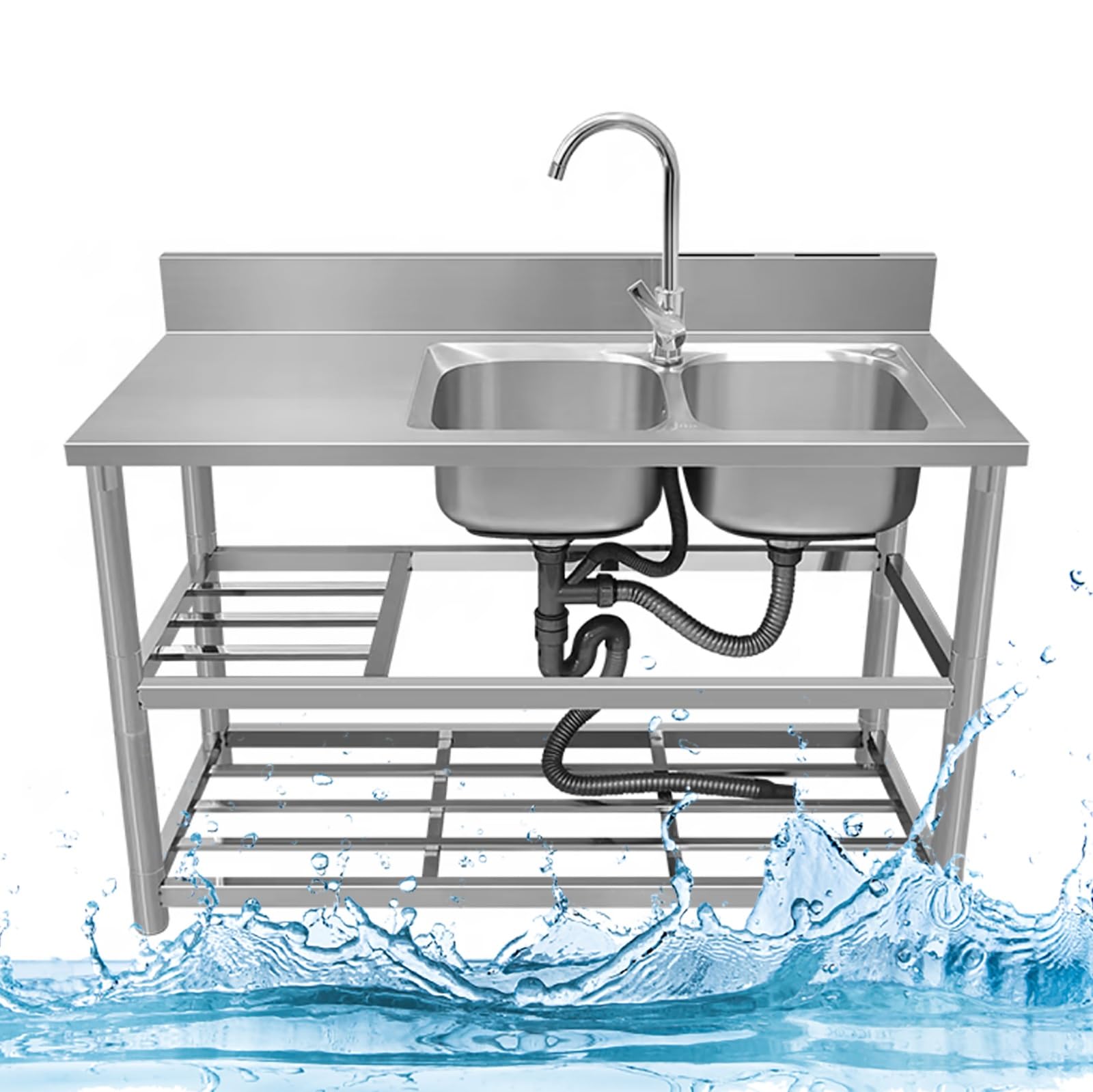 LMYSXAOZ Stainless Steel Utility Sink Kitchen Free Standing Commercial with Workbench and Double Storage Shelves Drainer Unit Tap for Restaurant Garage Laundry/Utility Room. (Color : Cold a