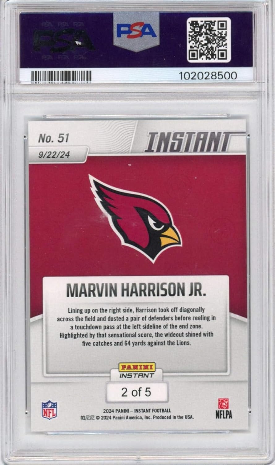 Graded 2024 Panini Instant NFL Marvin Harrison Jr #51 White Tiger /5 Rookie RC Football Card PSA 9 Mint