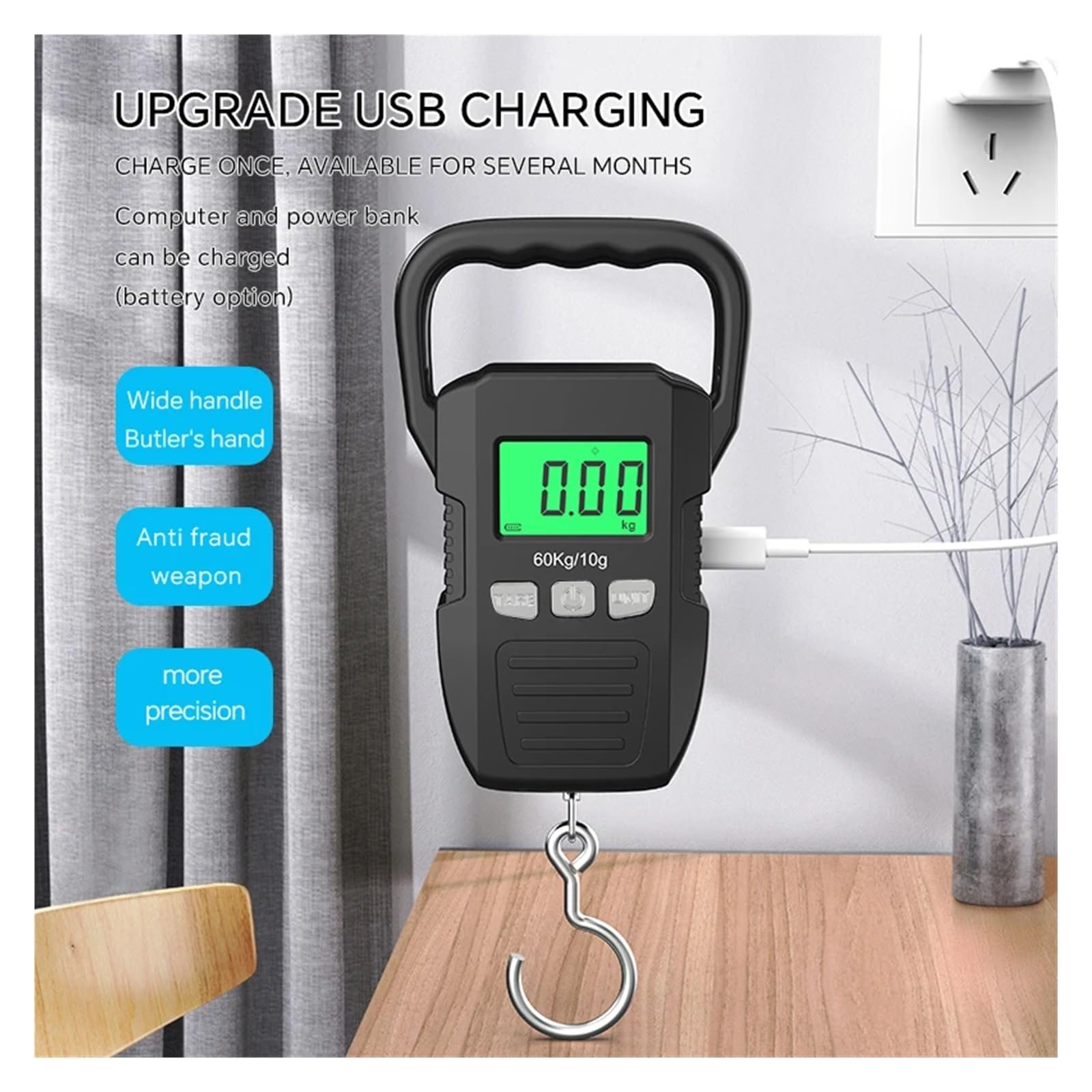 Báscula Colgante Digital LCD Negra De 60kg/10g Báscula De Gancho De Grúa Recargable Por USB Portátil Equipaje De Mensajería Herramientas De Equilibrio De Pesaje For El Hogar