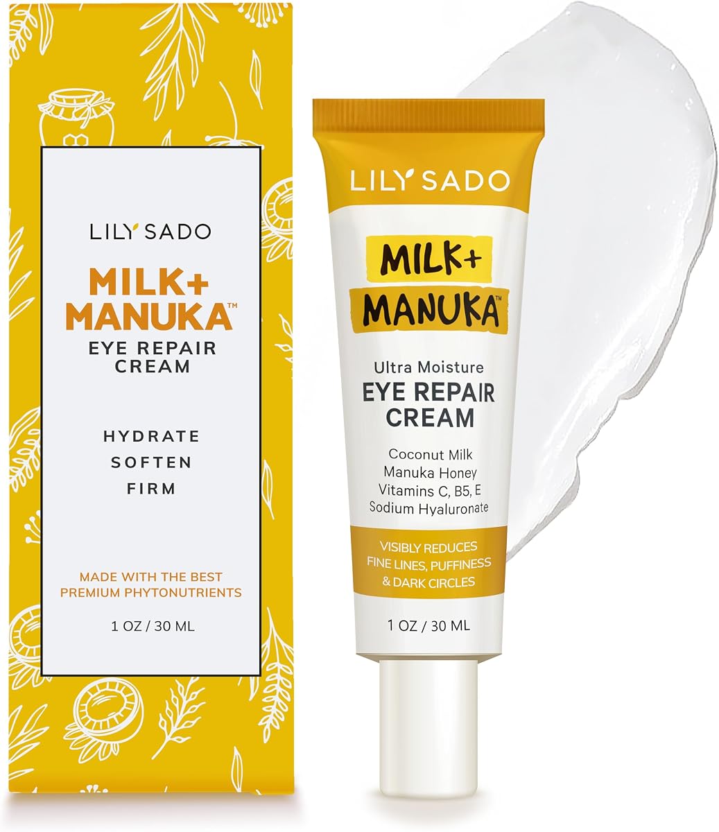 LILY SADO MILK+MANUKA™ Crema reparadora de ojos - Fórmula suave natural antienvejecimiento con leche de coco, miel de Manuka, hialuronato de sodio y VITS C, B5 y E - Previene la hinchazón, las arrugas debajo de los ojos y las bolsas de los ojos - 1oz
