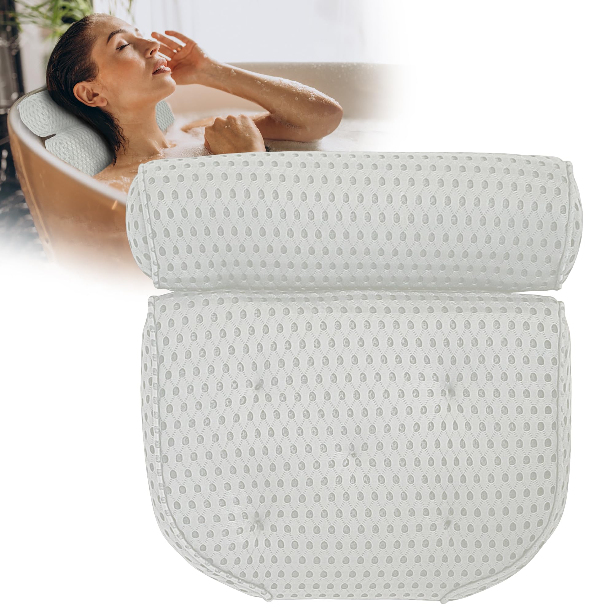 Leodera White Bath Pillow - Bath Pillow For Bathtub - Ergonomic Neck Pillow For The Bath - Bath Pillow With 7 Extra Strong Suction Cups - Bath Accessories