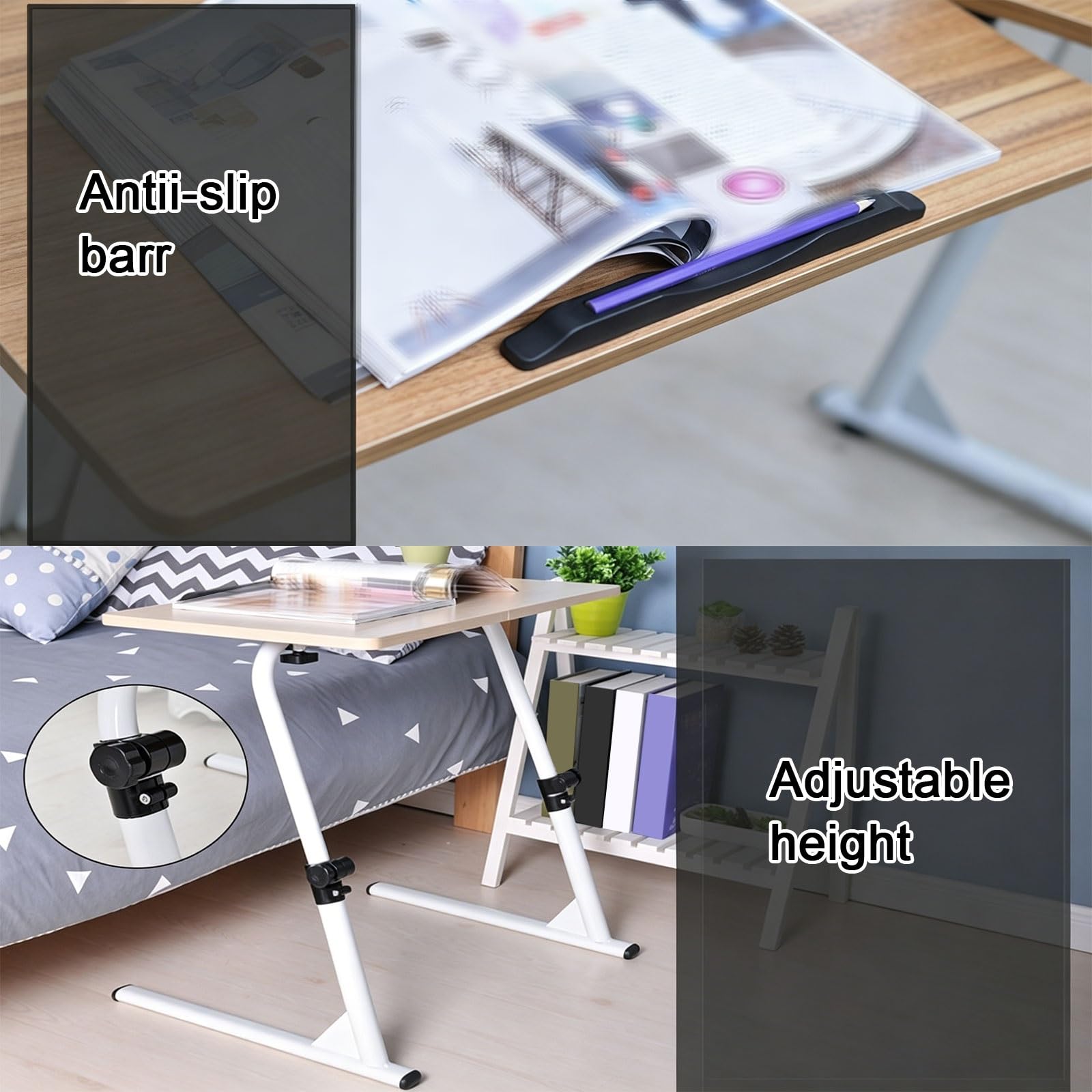 Mesa auxiliar de altura ajustable, mesita de noche plegable para laptop con tablero de mouse y tapón para dormitorio y sala de estar, diseño que ahorra espacio, perfecta para estudiar y leer