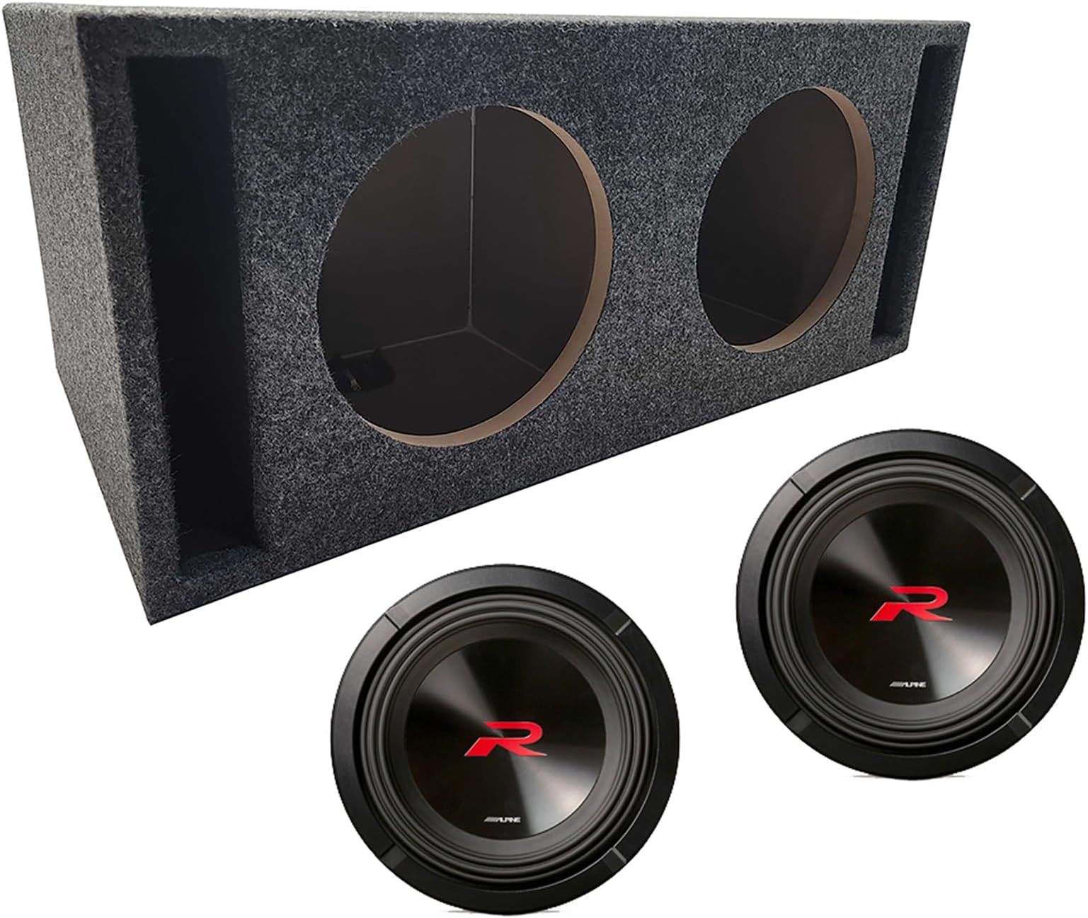 2X12VMBASS Universal Car Stereo Dual 12" SPL Bass Subwoofer Labyrinth Vent Sub Box Stereo Enclosure and R-W12D2 Type R Series Sub Dual 2 Ohm 2250W Peak 12" Subwoofer