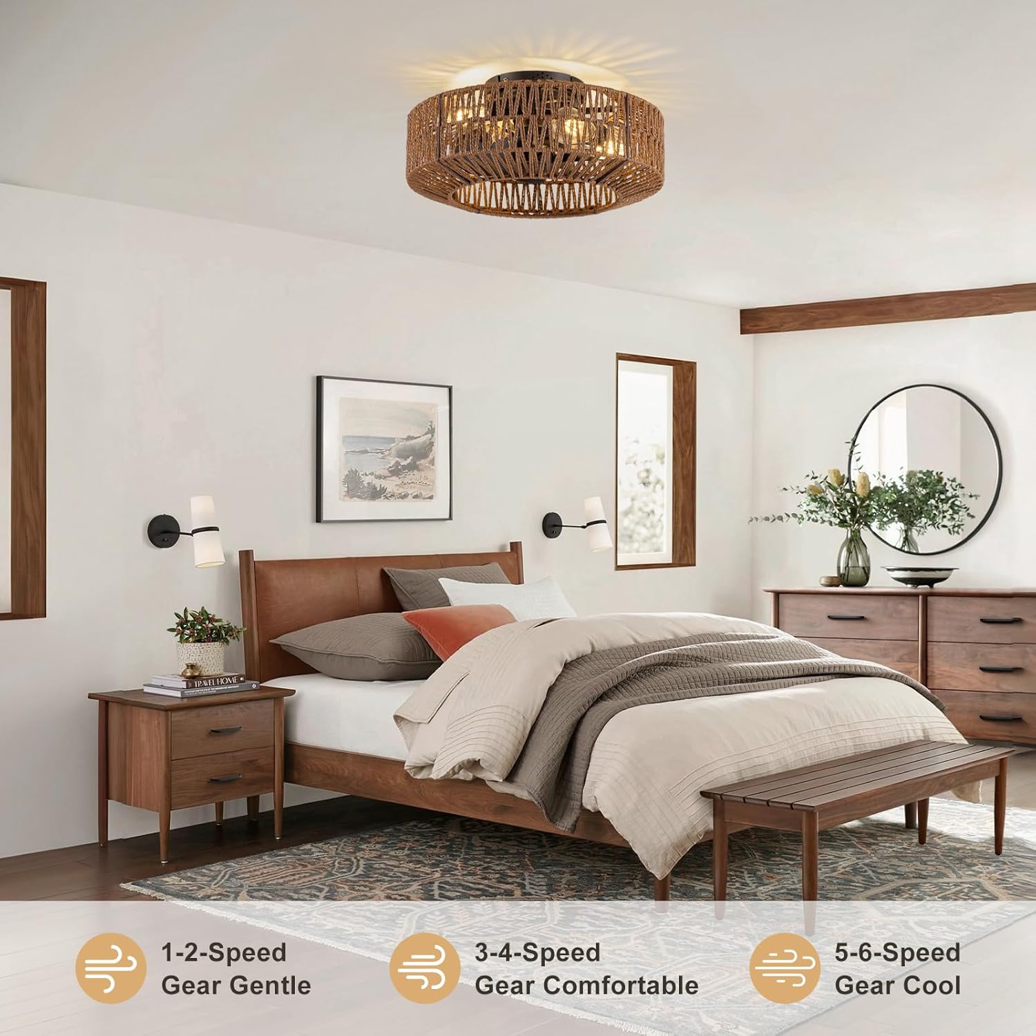 Boho Fandelier Ceiling Fan with Light Flush Mount, Woven Rattan Ceiling Fans with Lights and Remote Control,Low Profile Farmhouse Ceiling Fan for Bedroom,Living Room,Kitchen,Foyer (6 Speeds,Timing)