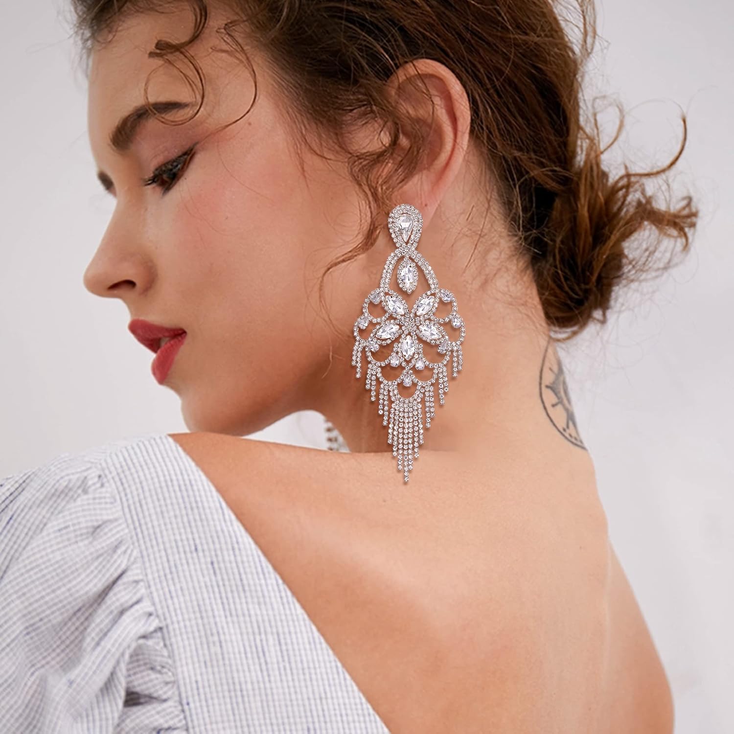 Crysdue Teardrop Crystal Chandelier Wedding Dangle Earrings for Bride Bridesmaid, Vintage Rhinestone Cluster Statement Jewelry for Party Prom - Image 5