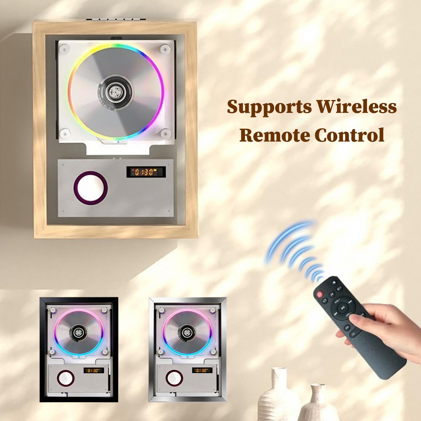 Lettore CD Portatile, Lettore CD Verticale da Parete o scrivania, Senza Altoparlanti, Schermo LED, Telecomando, per Casa/corridoio/Ufficio/Decorazione da Parete Black