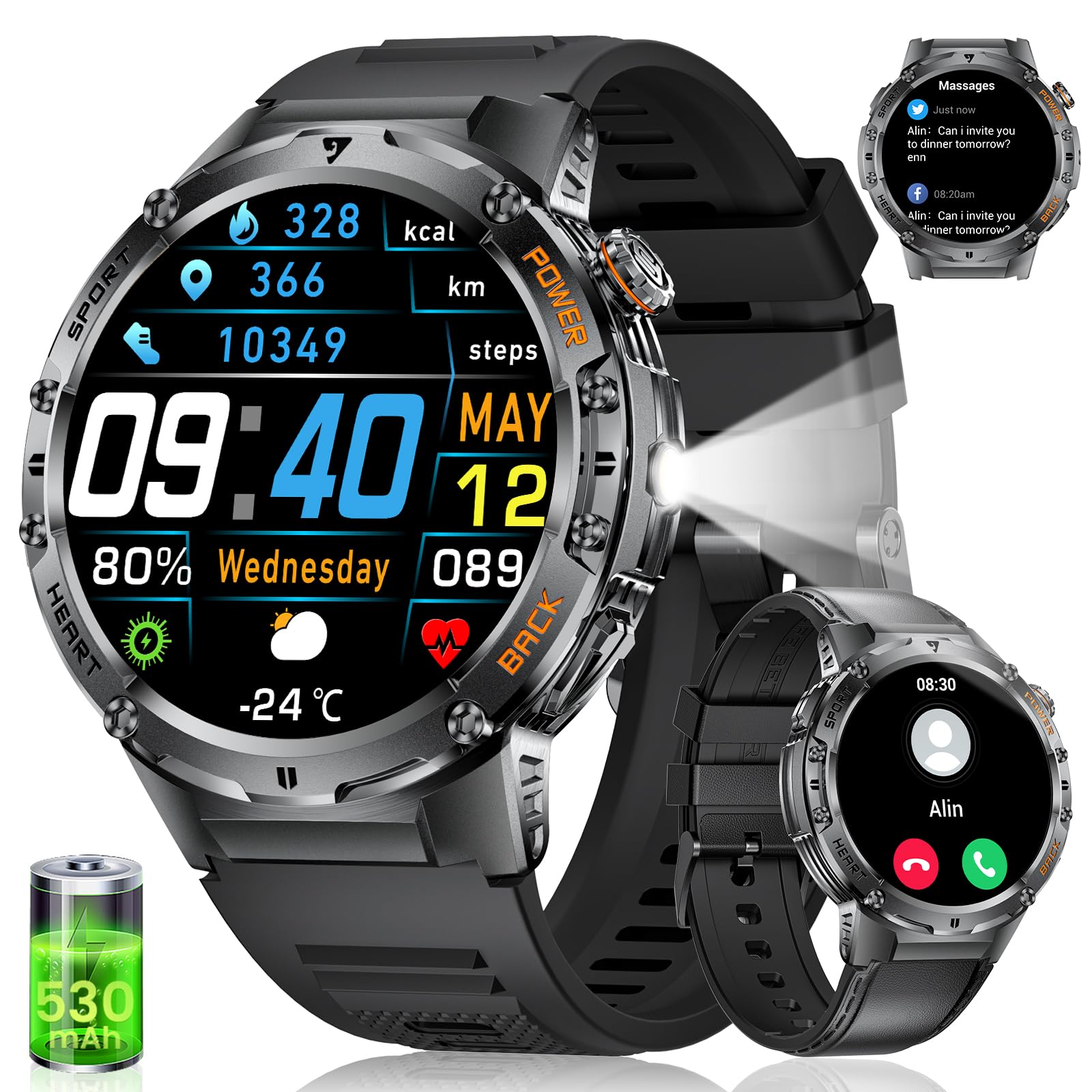 Montre Connectée Homme avec Lampe de Poche,1,43'' AMOLED Fitness Tracker avec avec Appel Bluetooth pour Android iOS Sommeil/Fréquence Cardiaque,Podomètre,530 mAh Sport Smartwatch Homme 2 Bracelets