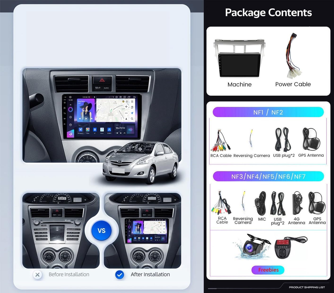 9" Navigazione GPS per Auto Android 12 Multimedia per Vios 2 2007-2013 Schermo DSP Touch Capacitivo Sistema di Supporto WiFi, 4G, Dab, OBD2,K3 4 Core WiFi 2G+32G