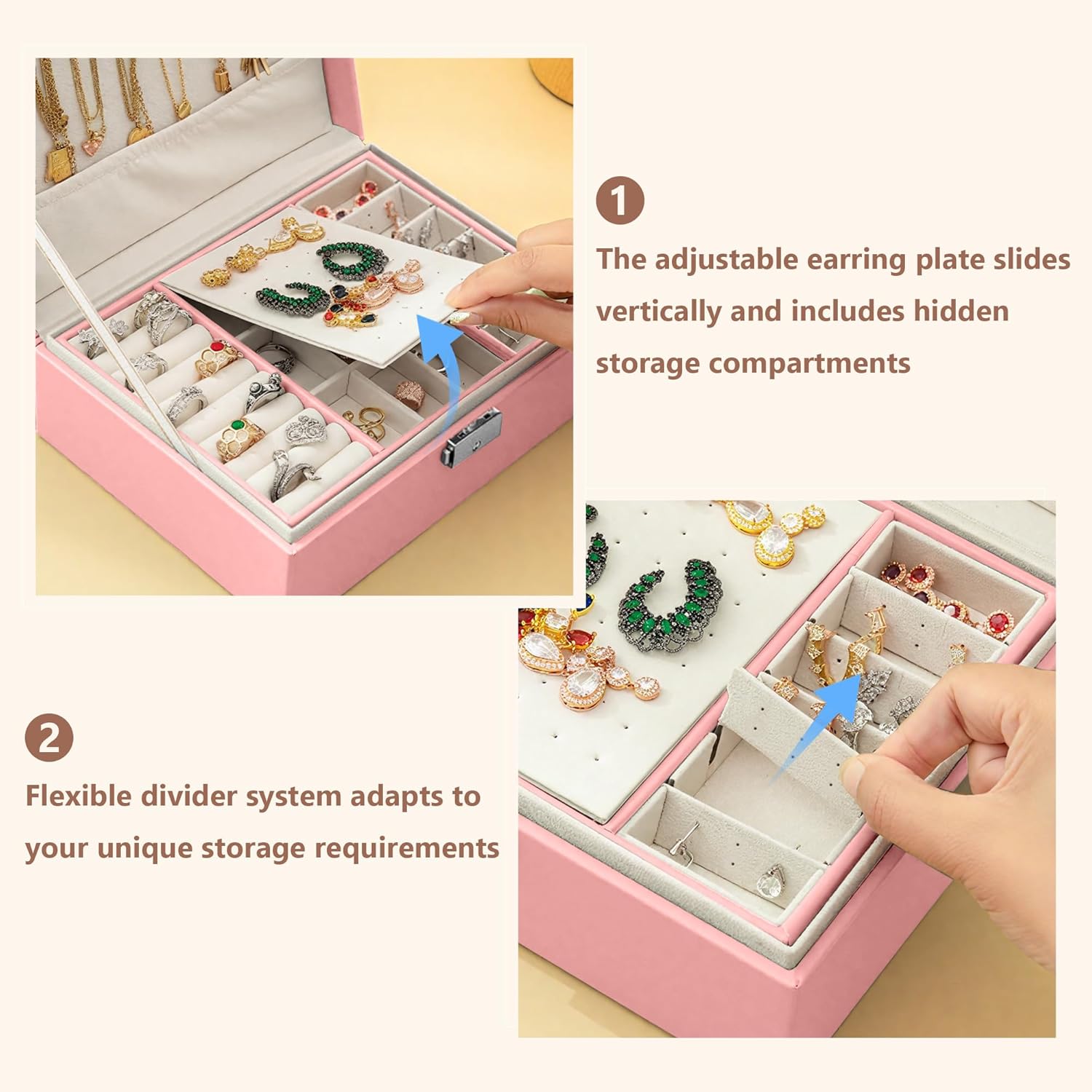 Homeanda Jewelry box 2 layer Jewelry box Leather Jewelry boxes for Women Girls Teens Jewelry organizer box Jewelry Storage box with lock(Pink) - Image 6
