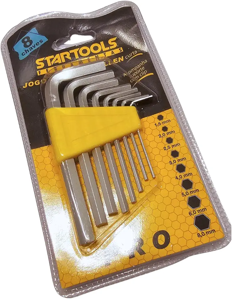 Jogo de Chaves Allen Curta, 8 Peças, 1.5mm a 8mm, Aço Carbono CRV, com Suporte Clip