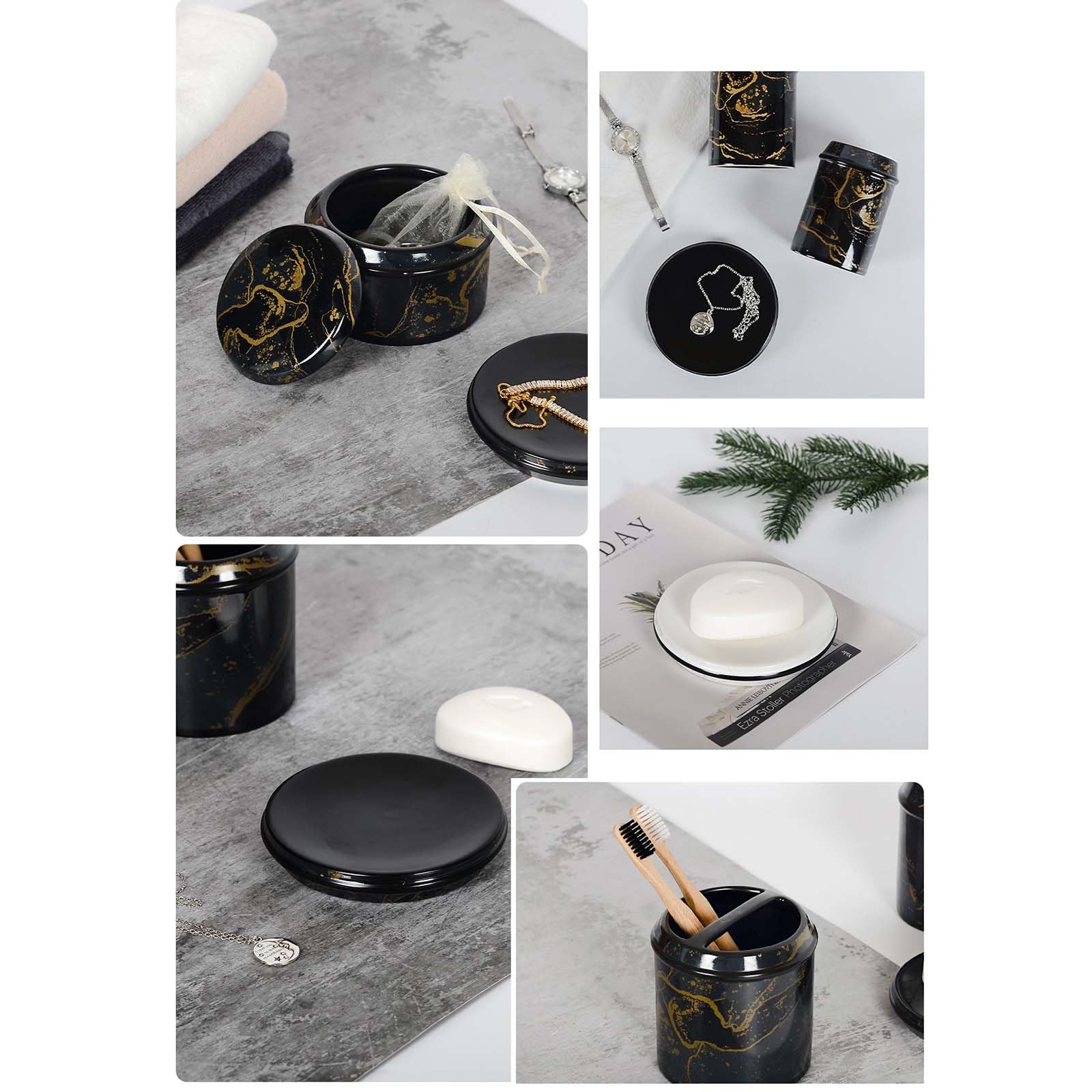 Set Dispensador De Jabón Marmoleado, Set De Baño De Cerámica, con Porta Cepillo De Dientes, Dispensador De Jabón, Jabonera, para La Zona De Lavado.,Negro