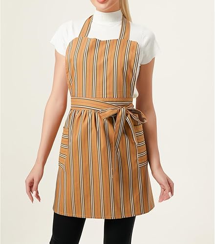 Miniatura 6 de Love Potato Delantales de algodón para mujer con bolsillos, delantales de rayas suaves, perfectos para cocina, hornear y jardinería