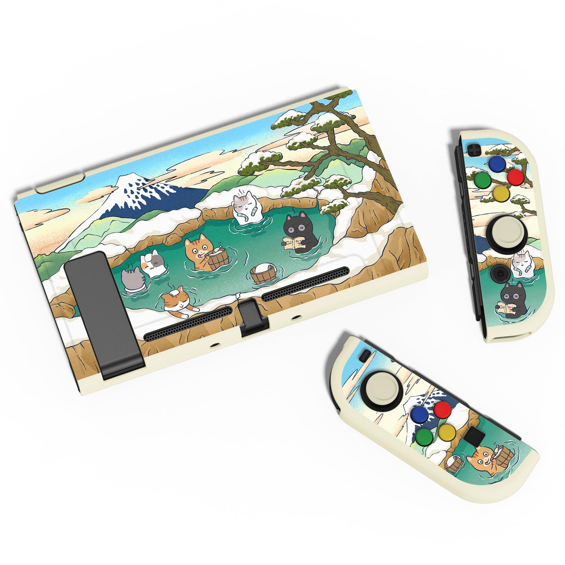 PlayVital ZealProtect Soft Protective Case for Nintendo Switch, Flexible Cover Protector for Switch with Tempered Glass Screen Protector & Thumb Grips & ABXY Direction Button Caps - Hot Spring Kitties — view 6