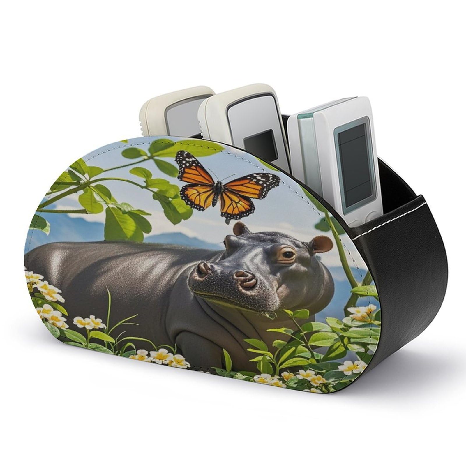 FekiLoot Leather TV Remote Control Holder with 5 Compartments Multifunctional TV Remote Holder Bedside Table Remote Caddy Storage Box Butterfly And Hippo Remote Organizer for Home Office