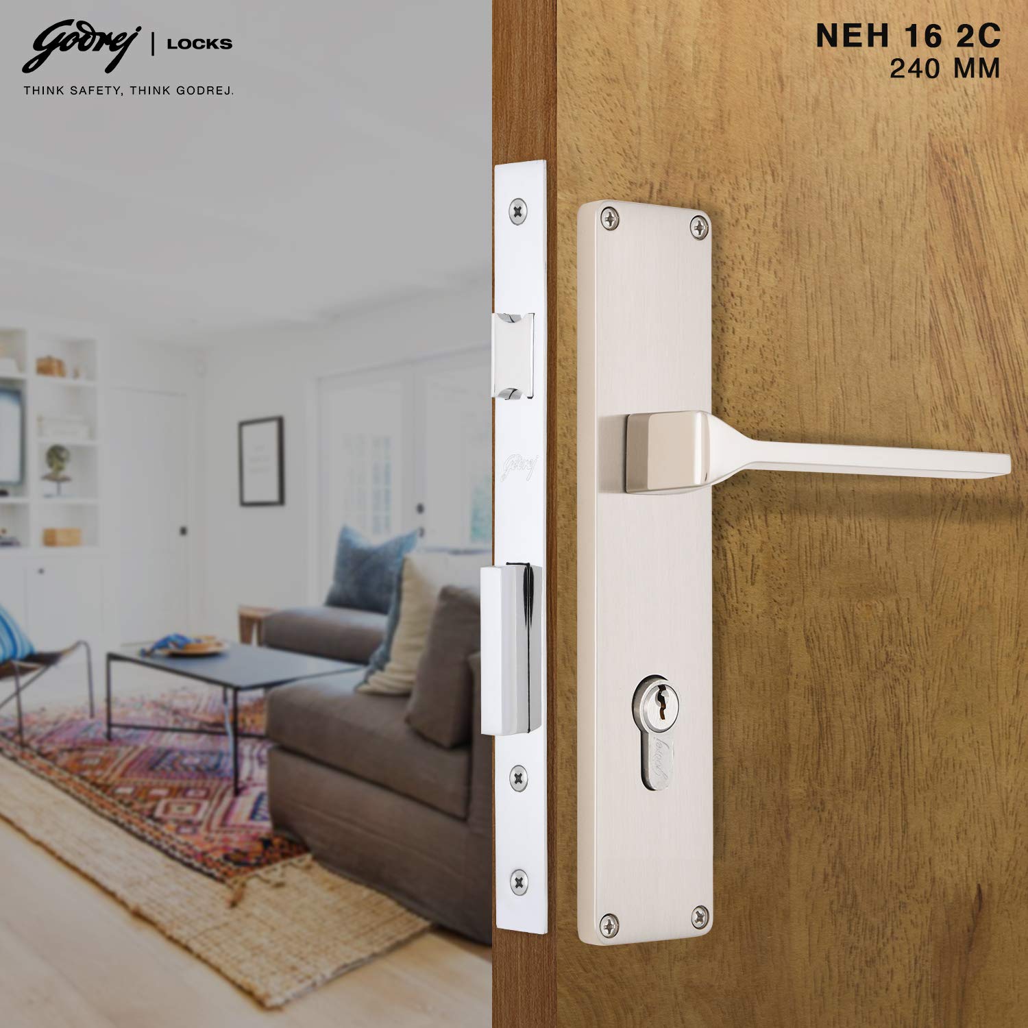 Godrej Locking Solutions and Systems Locks NEH 16-240 mm Door Handle with Lock Set 2C Satin Steel