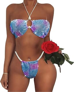 YAUASOPA One Size Fits Bikini Women Bling Rhinestone Crystal Diamond Club Swimsuit Halter Push Up Beachwear