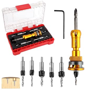 6Pcs Countersink Drill Bits Set with Depth Stop 1/8" 9/64" 5/32"+3/8" 82 Counter Bore,11/64" 3/16"+1/2" 82 Bore, Quick Change Hex Shank Countersink Drill with Phillips Bit for Woodworking Plastic