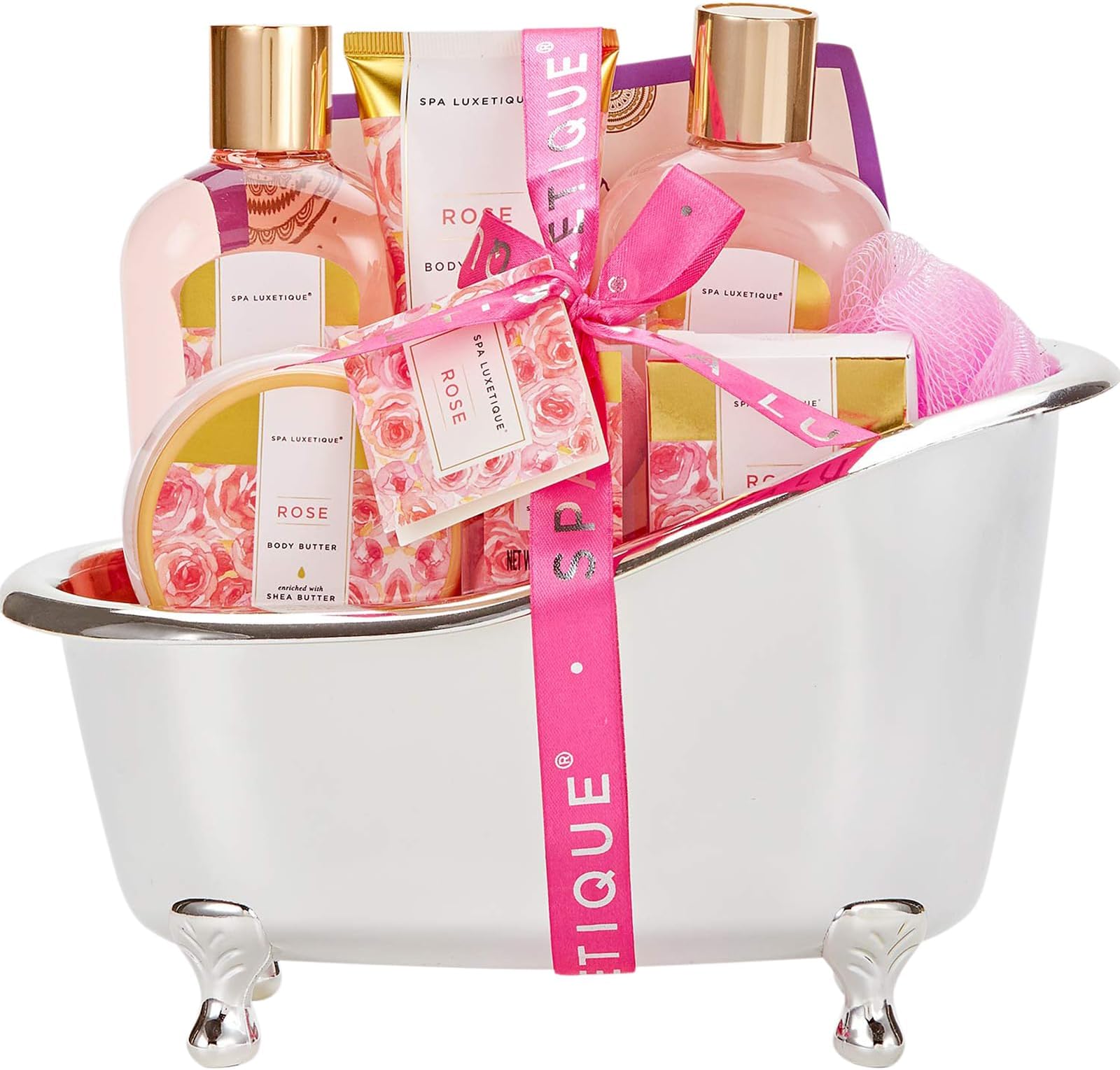 Spa Luxetique Spa Gift Basket Rose Fragrance, Premium 8pc Gift Baskets for Women, Cute Bath Tub.