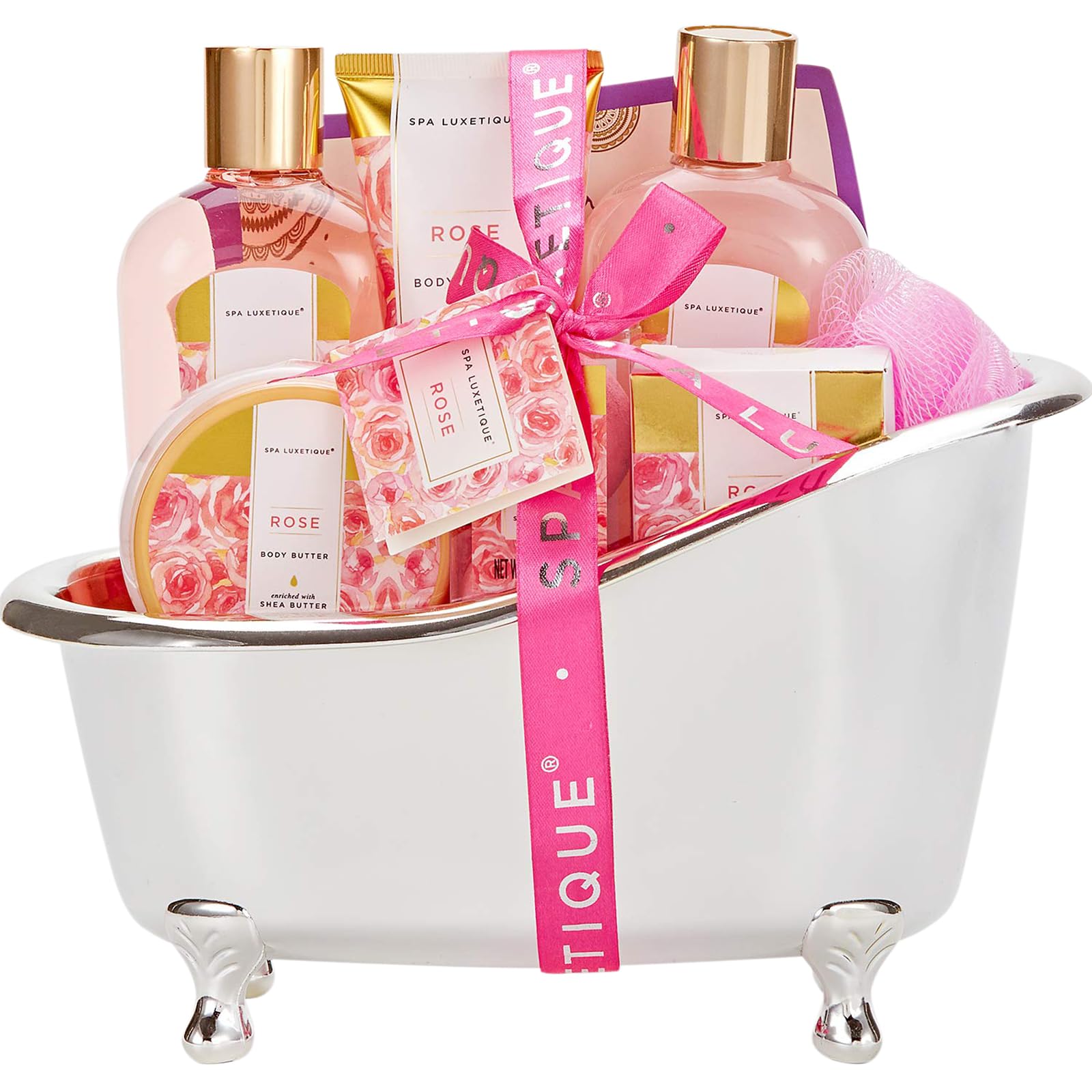 Spa Luxetique Spa Gift Basket Rose Fragrance, Premium 8pc Gift Baskets for Women, Cute Bath Tub.